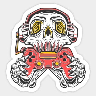 A skull gamer holding a red joystick controller and wearing headphone. Sticker